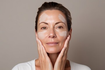Close-up of middle-aged Caucasian woman touching her face to apply moisturizer. Smiling face of adult brunette lady with daily cream, facial cosmetics. Skin care. Grey background, copy space.