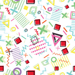 Chaotic and colorful shapes and dots over white background