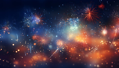 Fototapeta na wymiar Colorful firework with bokeh background. New Year celebration, Abstract holiday background. Abstract fireworks celebration on festive bokeh light background. 