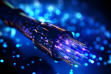 Electric cable background with sparks and bare wires. Fiber optics network cable lights abstract background. Fiber optic cable for communication technology and connecting element. 