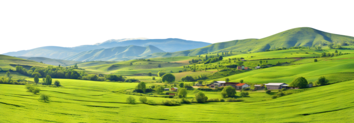 Tranquil countryside landscape with rolling hills and farm fields, cut out