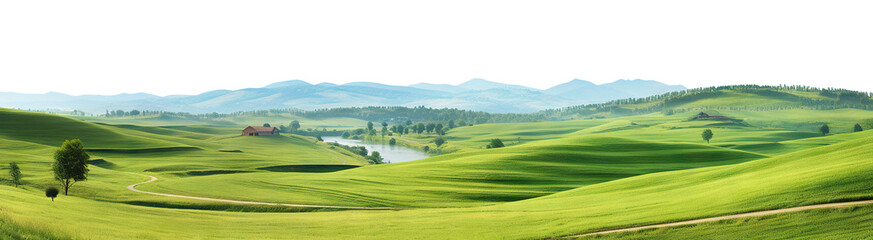 Fototapeta na wymiar Tranquil countryside landscape with rolling hills and farm fields, cut out