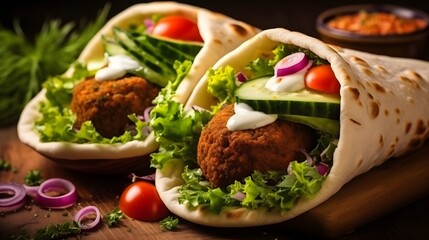 Falafel and fresh vegetables in pita bread on wooden table
