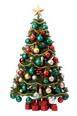 Decorated Christmas tree and gift boxes isolated on transparent background