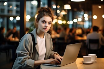 Female student taking a moment to look at the camera while busy with college assignments generative ai
