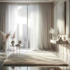 Generative AI crafted elegant interior showcasing a blend of modern and classic aesthetics, with a cityscape backdro