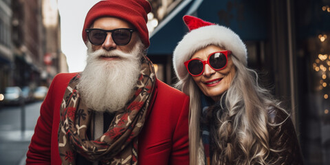 Christmas City Shopping. Cool Original Hipster Urban Christmas. Older Man and Women Couple = Granddad and Grandmother Celebrating Christmas. Red and Green Christmas Tree and Decoration. Generative AI