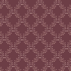 Hand drawn watercolor grey dry autumn twig seamless pattern isolated on burgundy background. Illustration in rural style can be used for textile, fabric, wallpaper and other printed products.