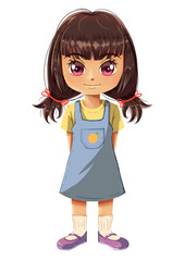 illustration of a cute girl with black hair in two braids