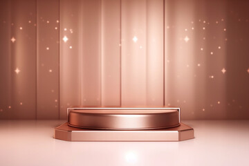 Christmas New Year Celebration: Sparkling Glitter Table Top Mock up, Floor Gold and Green, Studio Background with Golden Blur Bokeh. Luxury Holiday Backdrop Mockup for Product Display. Generative AI.