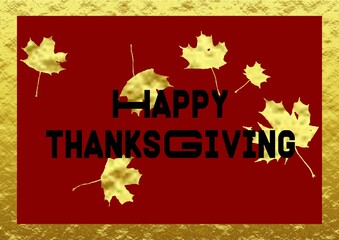 Red and gold wish card for Happy ThanksGiving written in english in black with maple leaves