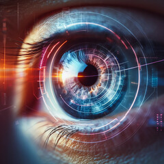Close up of female eye with digital hologram. Futuristic cyberpunk interface implanted in eyes, generative ai