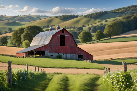 Country barns, rolling hills and serene blue skies. Backgrounds, photography