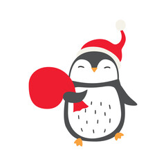 Illustration of Christmas penguin in Santa hat with bag of gifts