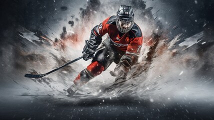 illustration hockey player black and red color move on dark black background with copy space AI