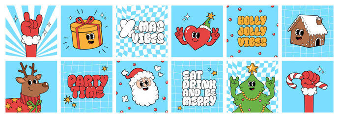 Merry Christmas groovy funny cartoon posters. Santa Claus, Christmas tree, coffee and ball in trendy funky retro cartoon style. Greeting square cards, template, posters, prints and backgrounds.