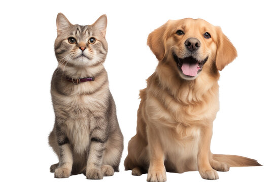  a quality stock photograph of a beautiful happy cat and dog standing next to each other isolated on a white or transparant background