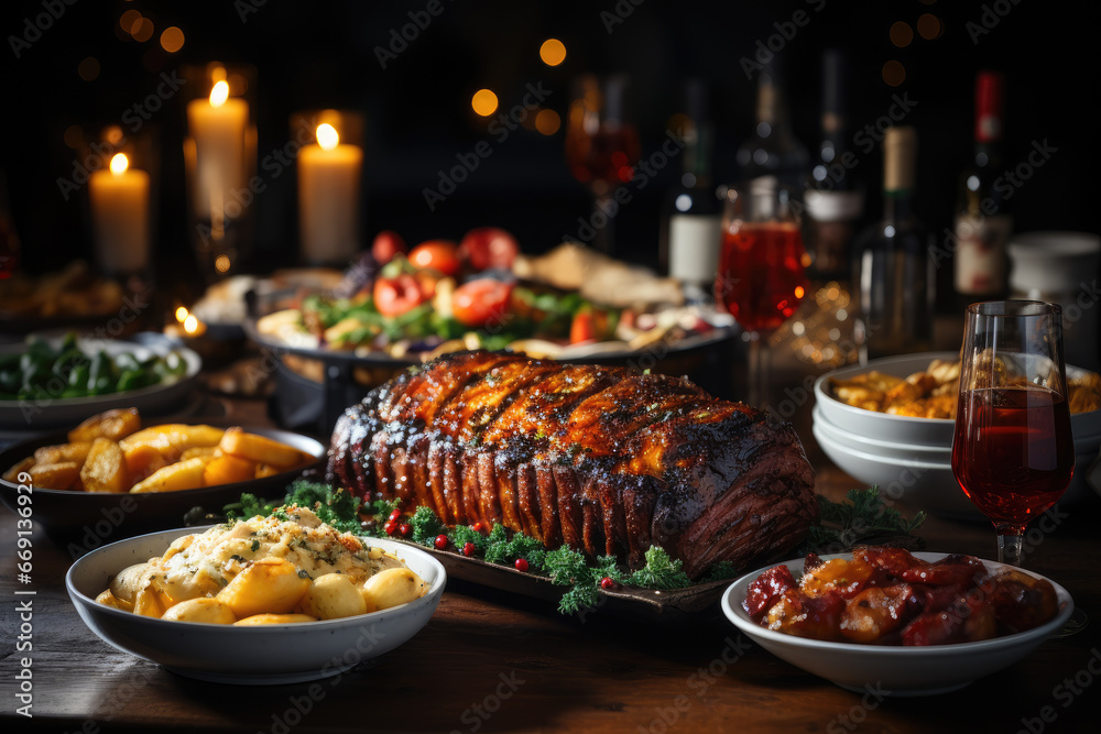 Poster holiday dinner table with food and drinks