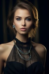 Close-up of a high-fashion model with captivating European features, exuding an air of refinement and grace. She wears a tasteful design outfit that highlights her unique beauty and personal style.