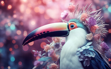 Modern illustration of a toucan in pastel colors with neon style lighting. Floral ornaments.
