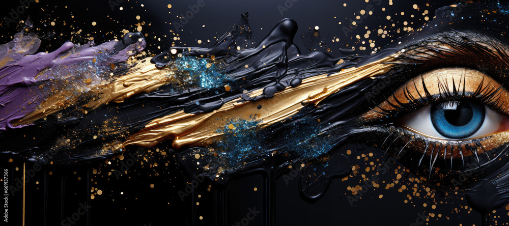 Poster Eye with abstract make up brush strokes background
