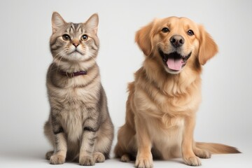  a quality stock photograph of a beautiful happy cat and dog standing next to each other isolated on a white or transparant background