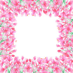 Hand drawn watercolor abstract pink daisy flowers frame border isolated on white background. Can be used for cards, album, poster and other printed products.