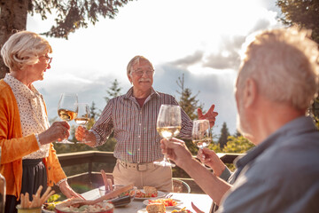 Senior group of friends having lunch and wine on a balcony of a cabin house in the forest
