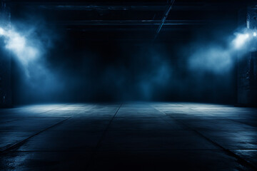 Dark street, wet asphalt abstract dark blue background, empty dark scene, neon light, spotlights The concrete floor and studio room with smoke float up the interior texture for display products