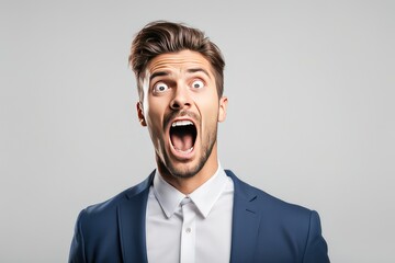 young ultra handsome manager man was surprised and excited opening eyes and mouth on a white background