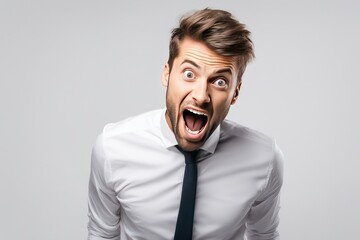 young ultra handsome manager man was surprised and excited opening eyes and mouth on a white background