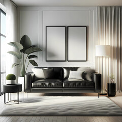 Generative AI crafted interior showcasing a modern, minimalistic living room bathed in soft natural light.