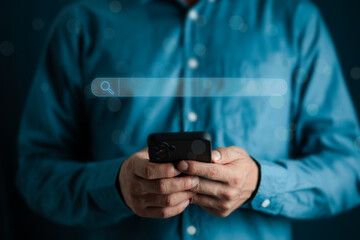 Search Engine Technology SEO Search Engine Optimization. Search button on virtual screen pressed with finger for data and information. Using Search Console with your website. web search concept.