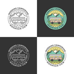 morning mountain and campervan badge monoline or line art style vector illustration