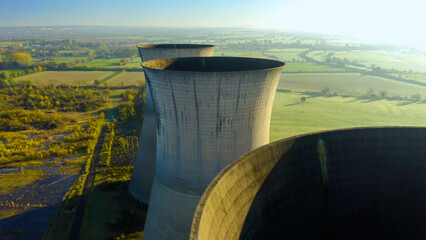 Cooling towers of nuclear power plant. Aerial view on the Power station. Cooling tower of nuclear power plant no work. 