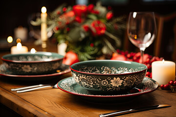 A festive Christmas place setting withgreen  plates on the table.