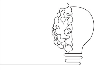 Single continuous line drawing of half light bulb and half human brain logo label. Smart power and psychological company icon label concept. Trendy one line draw graphic design vector illustration