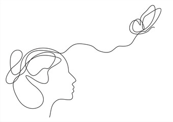 face with butterfly. Abstract face with butterfly by one line vector drawing. Portrait minimalistic style. Botanical print. Nature symbol of cosmetics.