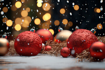 Christmas tree beads, baubles and decorations in a festive bright composition. Christmas decorations