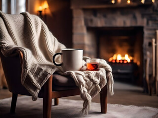Fototapeta na wymiar A mug of hot tea stands on a chair with a woolen blanket in a cozy living room with a fireplace. Cozy winter day