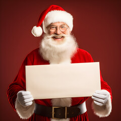Naklejka premium Smiling santa claus holding a blank sign, white placard on a red background. Xmas communication frame. Santa doing dude with sign with a christmas message.