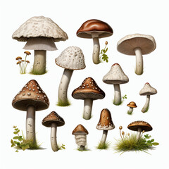 mushrooms on a white background, Types of mushrooms found in the forest, botanical illustration on white background.