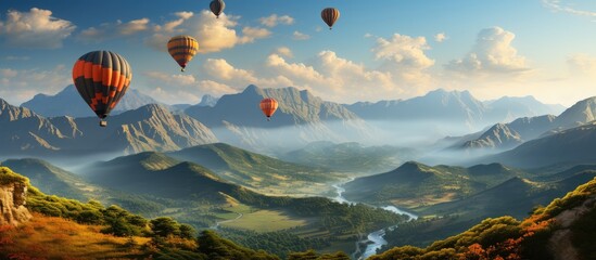 Colorful hot air balloons flying over the mountains, with a bright afternoon view, soft light