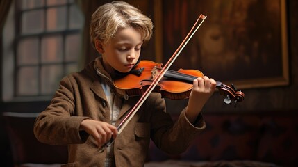 little boy absorbed in music with a violin in his hand