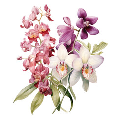 watercolor orchids botanical illustration white background.