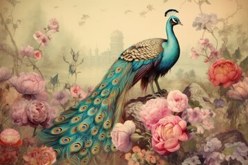 Vintage wallpaper peacock birds with tropical trees plants forest in a vintage style blurry landscape sky background wall art