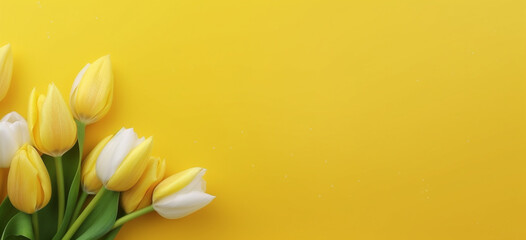 Congratulatory banner yellow and white tulips on yellow background