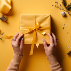 Close up of hands wrapping a gift with wrapping paper on a yellow background.