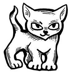 Cat cute, sweet with funny face. Lovely fluffy kitten best friend with big eyes. Home pet for baby, kids, boy or girl and family. Hand drown character. Cute lovely cartoon illustration drawn by hand.