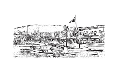 Building view with landmark of  Skiathos is the island in Aegean Sea. Hand drawn sketch illustration in vector.